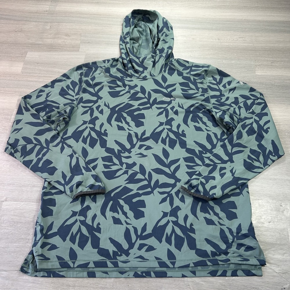Eddie Bauer First Ascent Hooded Shirt Mens XL Green Long Sleeve Print Top Hiking